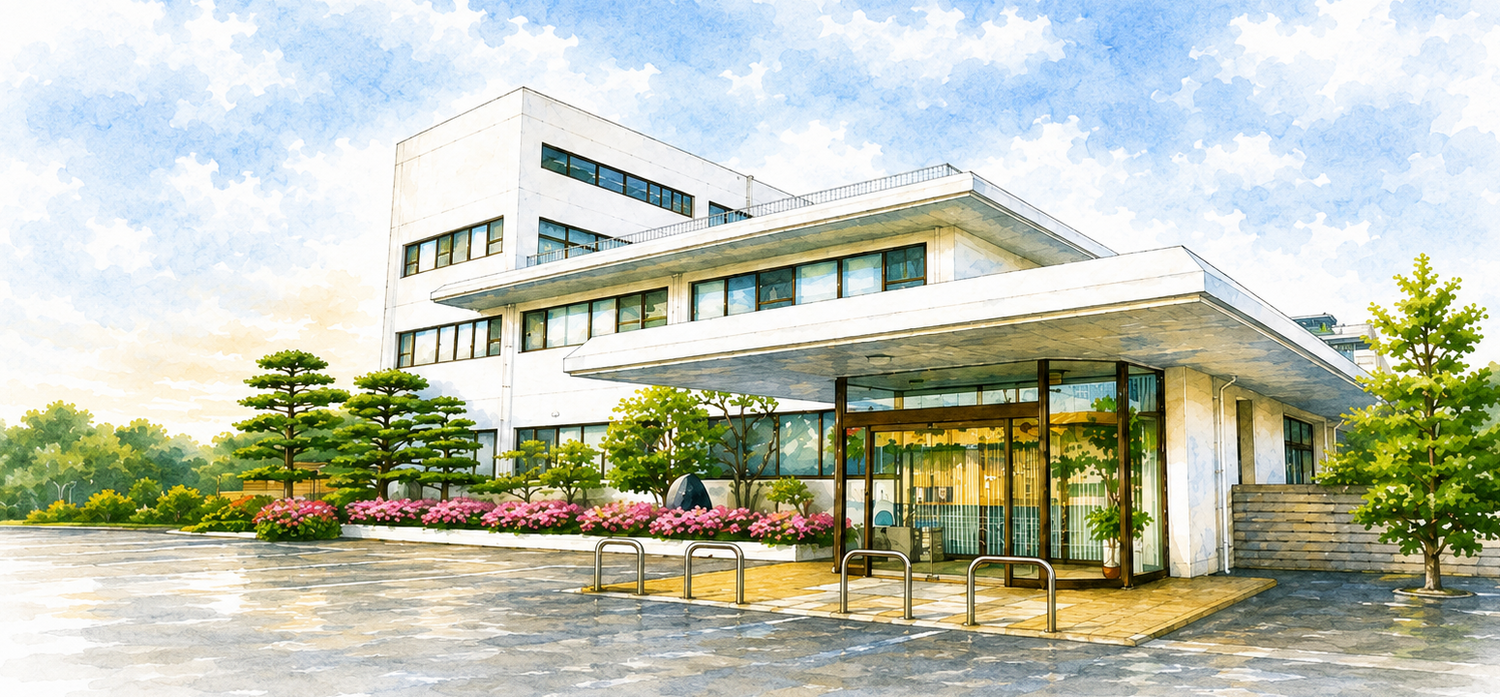 緑に囲まれた村上医院の建物イラスト