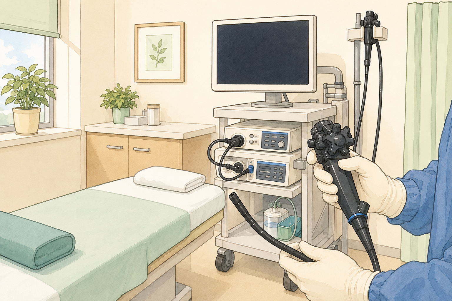 細径スコープによる胃カメラ検査を表した村上医院オリジナルイラスト